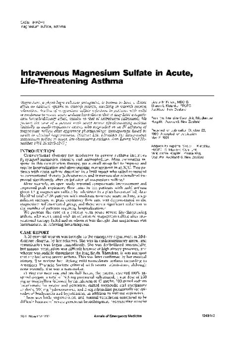 (PDF) Intravenous magnesium sulfate in acute, life-threatening asthma | Sharon Kletchko ...