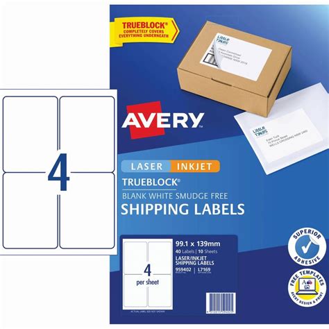 Labelling - AVERY L7169 INTERNET SHIPPING LABELS 4 L/P/SHT 99.1x139mm WHITE Pack of 10 - Jaybel ...