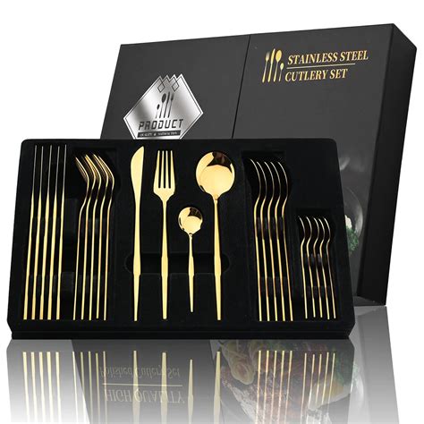 24Pcs Black Handle Golden Cutlery Set Stainless Steel Knife Fork Spoon Tableware Flatware Set ...