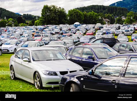 parking lot in green meadow, Austria, Carinthia, lakes Stock Photo - Alamy