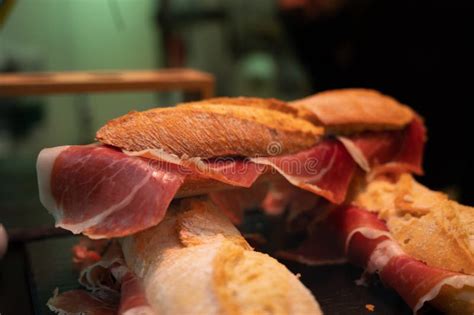 Spanish Street Food, Bocadillo Bread Sandwich Dry-cured Ham Jamon Serrano Close Up Stock Photo ...