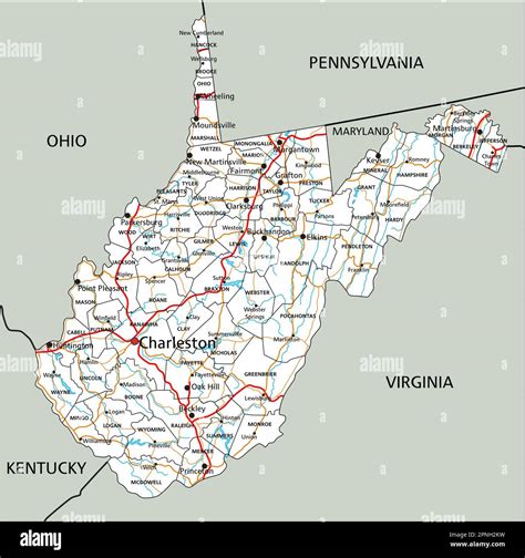 High detailed West Virginia road map with labeling Stock Vector Image ...