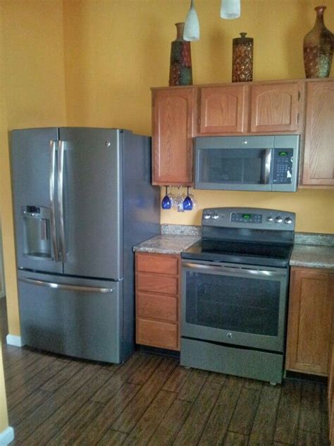 My kitchen with GE slate appliances | Slate appliances kitchen, Affordable farmhouse kitchen ...