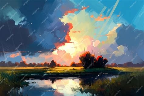 Premium AI Image | A painting of a sunset over a field with a cloudy sky.