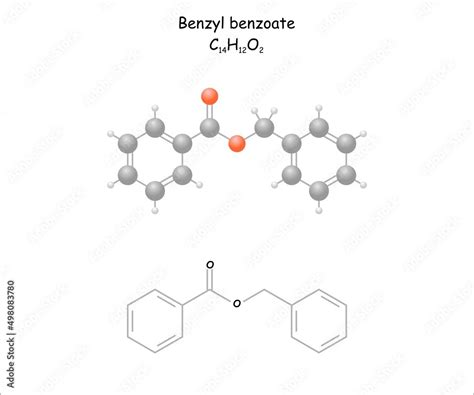 Stylized molecule model/structural formula of benzyl benzoate. Use as solvent, in perfumery as ...