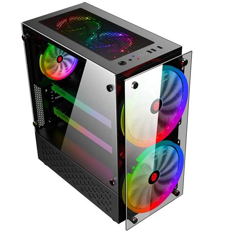 RGB Computer Case Double Side Tempered Glass Panels ATX Gaming Cooling ...