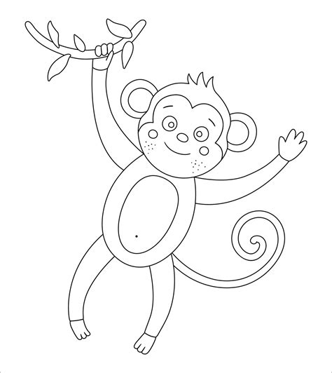 Vector cute monkey hanging on a tree brunch outline. Funny tropical exotic animal black and ...