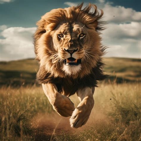 Premium AI Image | A lion jumping over the camera highspeed chase on generative ai