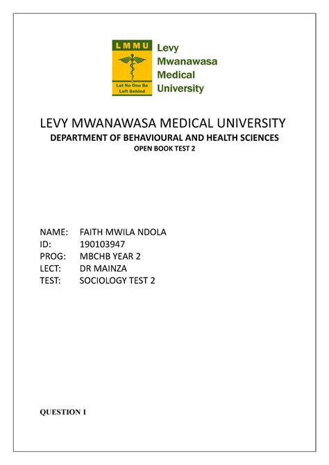 LEVY Mwanawasa Medical University - LEVY MWANAWASA MEDICAL UNIVERSITY DEPARTMENT OF BEHAVIOURAL ...