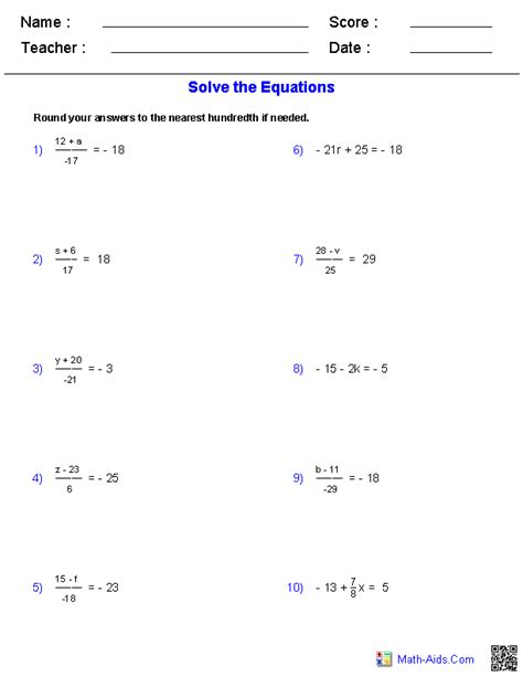 Algebra 1 Worksheets | Equations Worksheets