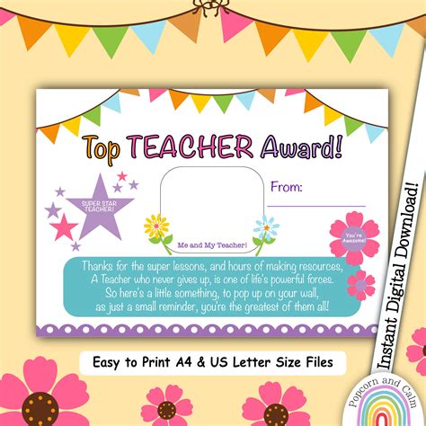 Top Teacher Award, Best Teacher Certificate, Thank You Teacher, Teacher ...