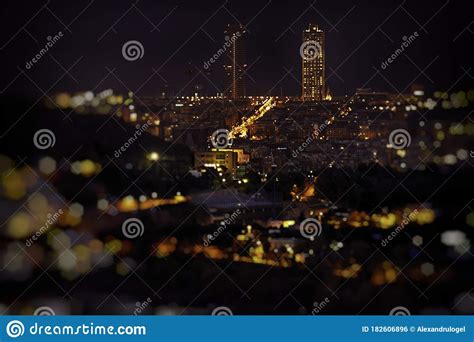 Barcelona skyline at night editorial photo. Image of business - 182606896