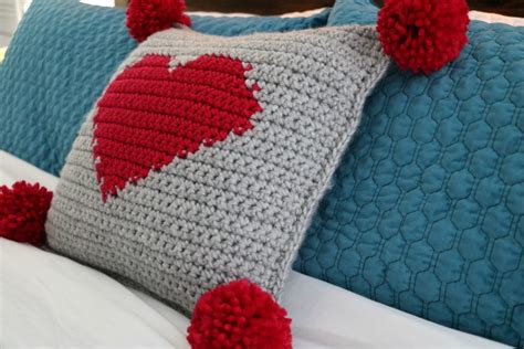 Crochet Valentine's Pompom Heart Pillow - MJ's off the Hook Designs