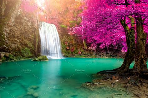 waterfall in colorful autumn forest | High-Quality Nature Stock Photos ~ Creative Market