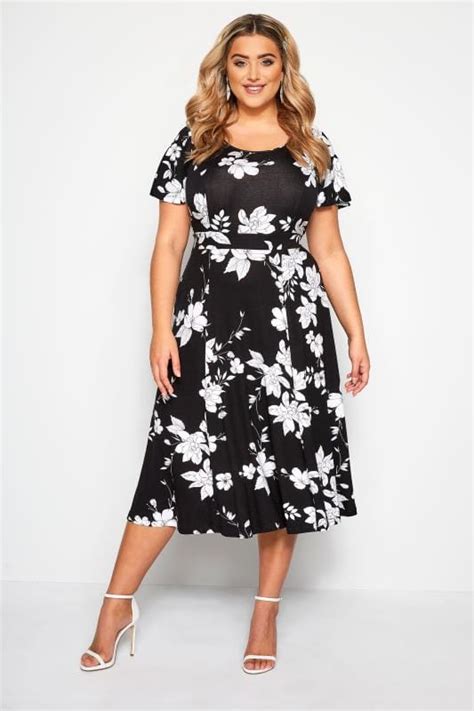 Black & White Floral Midi Dress | Yours Clothing