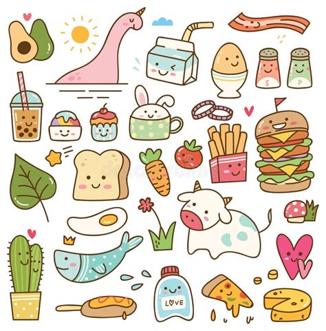 Set of Kawaii Doodle, Food, Animal, and Other Objects Stock ...