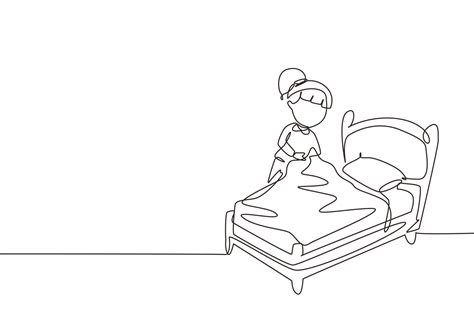 Continuous one line drawing cute girl making the bed. Kids doing ...