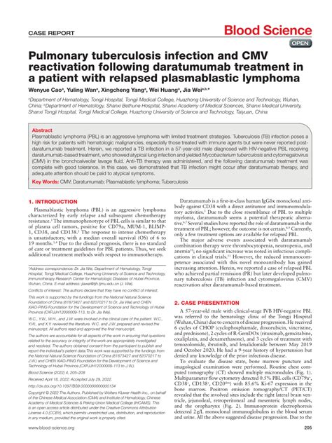 (PDF) Pulmonary tuberculosis infection and CMV reactivation following daratumumab treatment in a ...