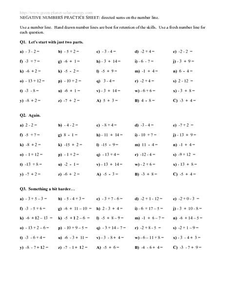 Negative Numbers Practice Sheet Worksheet for 4th - 5th Grade | Lesson Planet