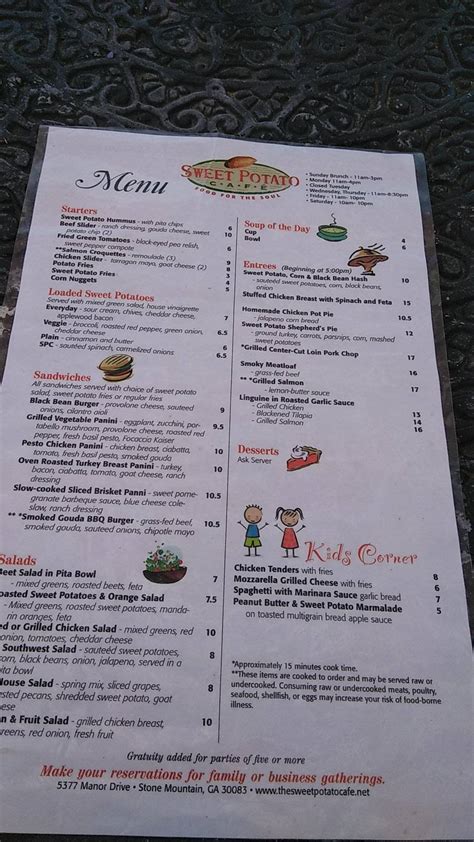 Menu at Sweet Potato Cafe, Stone Mountain