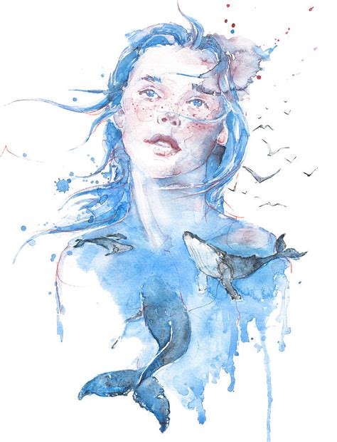 Girl with Whales. Watercolor girl portrait. Ocean art. Whale tail Painting by Iuliia Olkhovaia ...