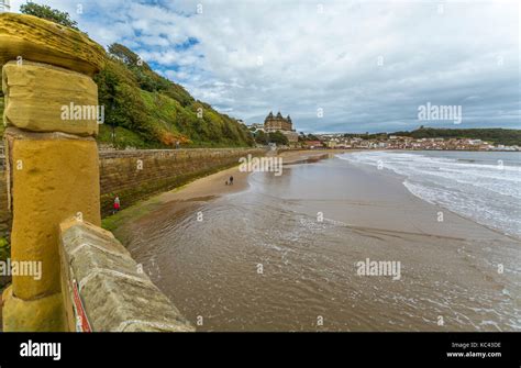 A view of the sea front at South Bay, Scarborough with the Grand Hotel ...