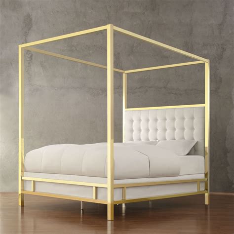 Full size Canopy Bed in Gold Finish with Button Tufted Upholstered ...