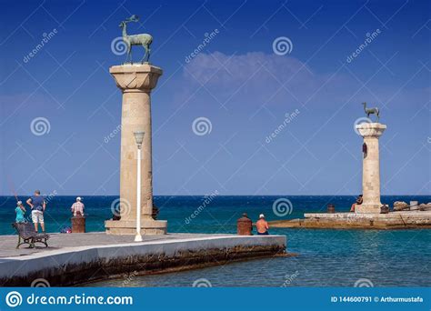 Rhodos, Greece - August 2016: Hirschkuh Statue in the Place of the Colossus of Rhodes at the ...