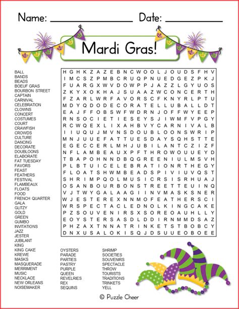 Mardi Gras Word Search - Puzzle Cheer