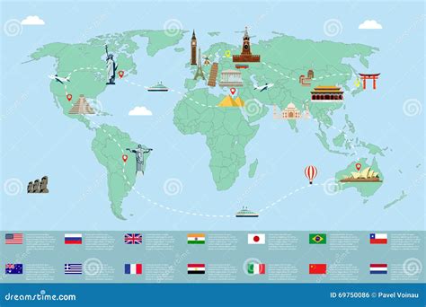 Infographic World Landmarks on Map. Vector Stock Vector - Illustration of opera, mayan: 69750086