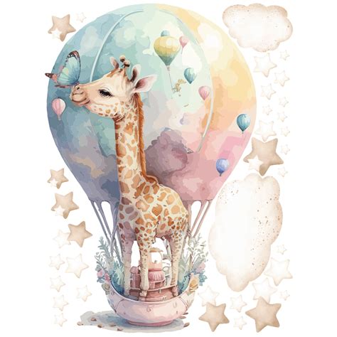 Baby giraffe in hot air balloon wall decal – Wall decals WALL DECAL ...