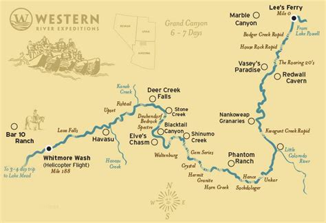 Grand Canyon River Map » 6 & 7 Day Grand Canyon Rafting Map | Grand canyon map, Grand canyon ...