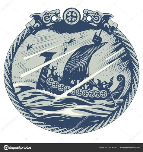 Viking design. Drakkar sailing in a stormy sea. In the frame of the ...