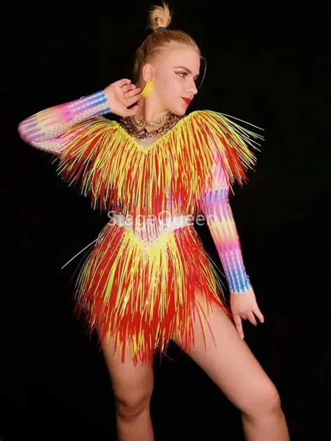 Neon Orange Dance Bodysuit Women Singer Stage Wear Outfit Nightclub Show Leotard Party Colorful ...