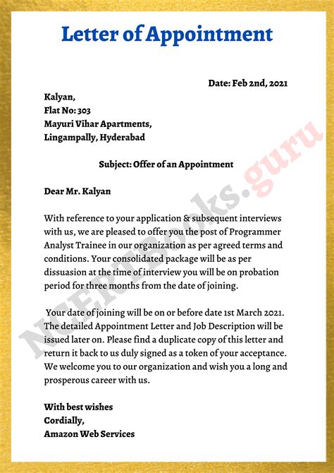 Letter Of Appointment Template