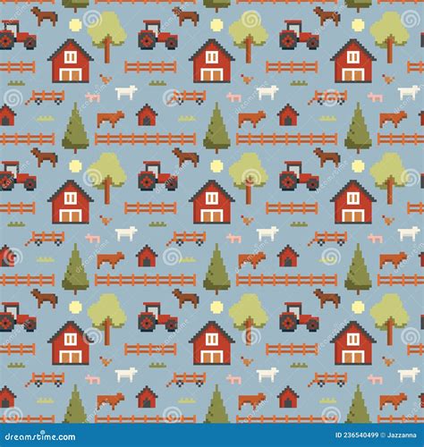 Seamless Pattern Pixel Art Farm Animals Stock Vector - Illustration of architecture, home: 236540499