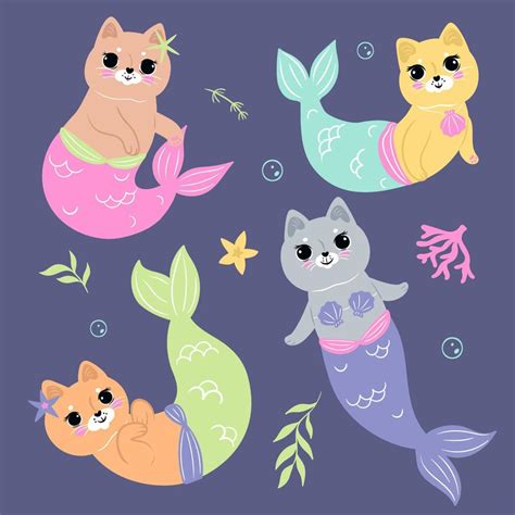 Set of cute mermaid cats. Vector graphics. 11357731 Vector Art at Vecteezy