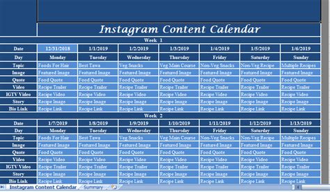 Instagram Content Calendar excel template for free