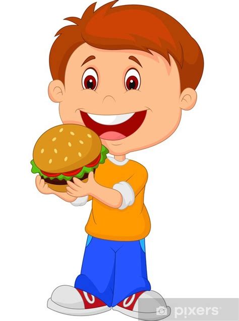 Sticker Cartoon boy eating burger - PIXERS.NET.AU