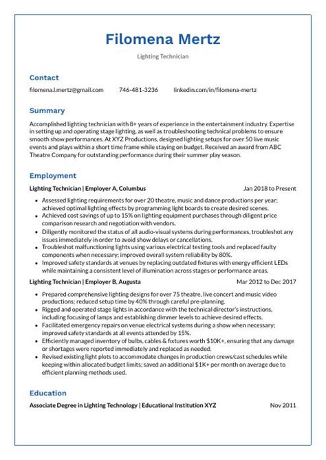 Lighting Technician Resume (CV) Example and Writing Guide