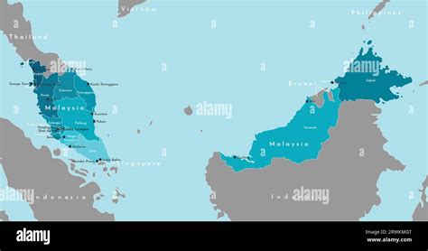 Vector modern illustration. Blue simplified administrative map of Malaysia. Neighboring ...