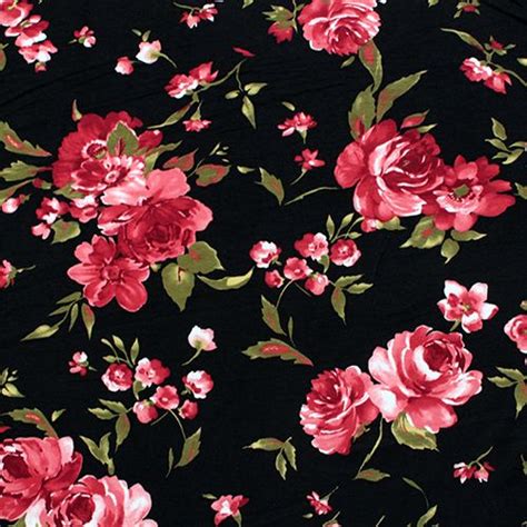 Deep Red Olive Floral on Black Cotton Spandex Knit Fabric - A black background with a deep red ...