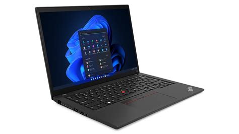 Lenovo ThinkPad T14 Gen 4 (14ʺ Intel) laptop open 90 degrees, angled to show left-side ports ...