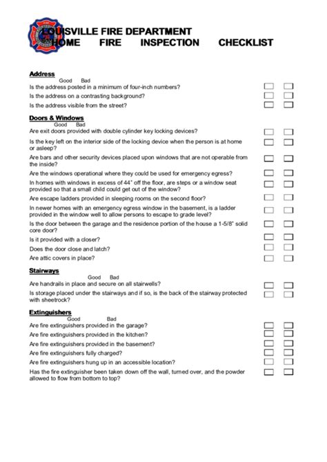 Home Fire Inspection Checklist printable pdf download