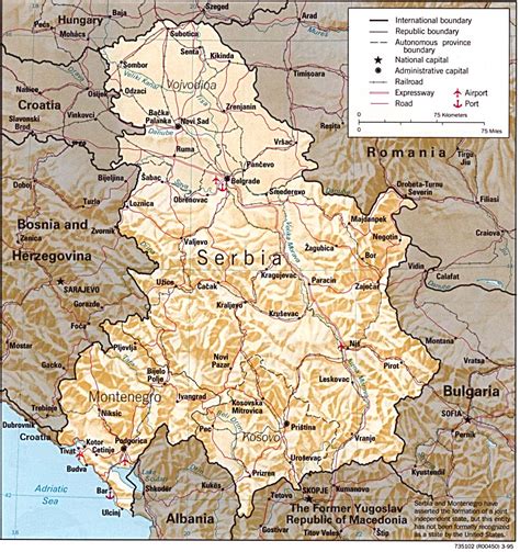 Serbia and Montenegro Physical Map 1995 - Full size