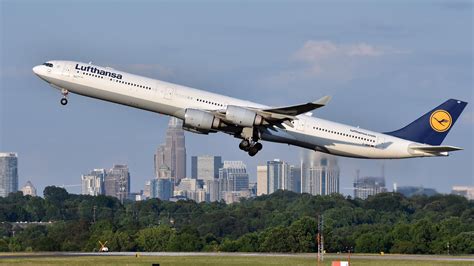 Lufthansa Airbus A340-600 (D-AIHF) departs KCLT Rwy 36R on 06/01/2019 ...