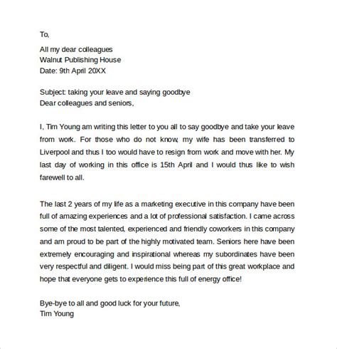 12+ Sample Farewell Letters to Co-workers – PDF, Word | Sample Templates