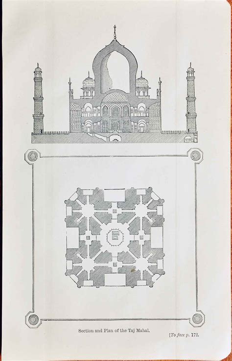 Taj Mahal's Architectural Section & Plan, Rare 1911 Print - Past-India