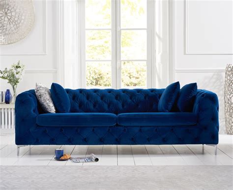 Blue plush velvet 3 seater sofa - Homegenies