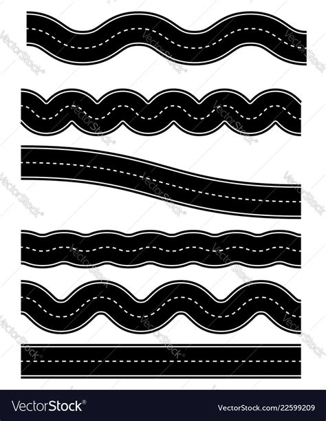 Set wavy road elements with dashed lines Vector Image